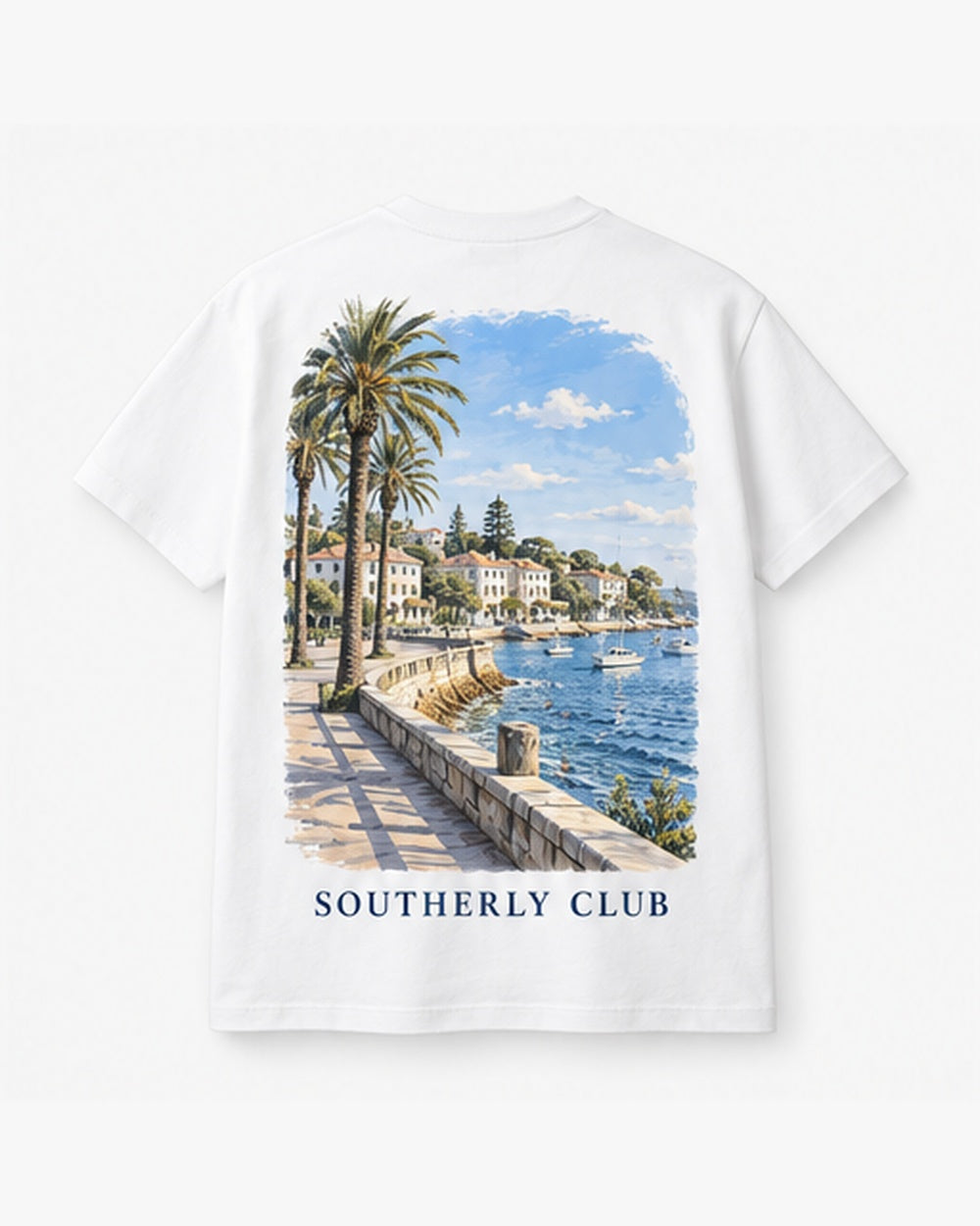 Palm Bay Tee, white, back view. Generated pre-production design preview.
