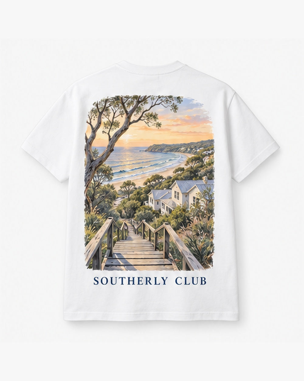 Headland Steps Tee, white, back view. Generated pre-production design preview.