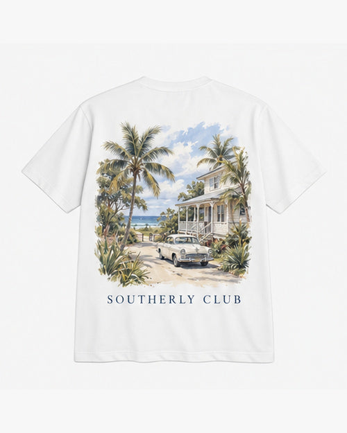 Coast House Tee, white, back view. Generated pre-production design preview.