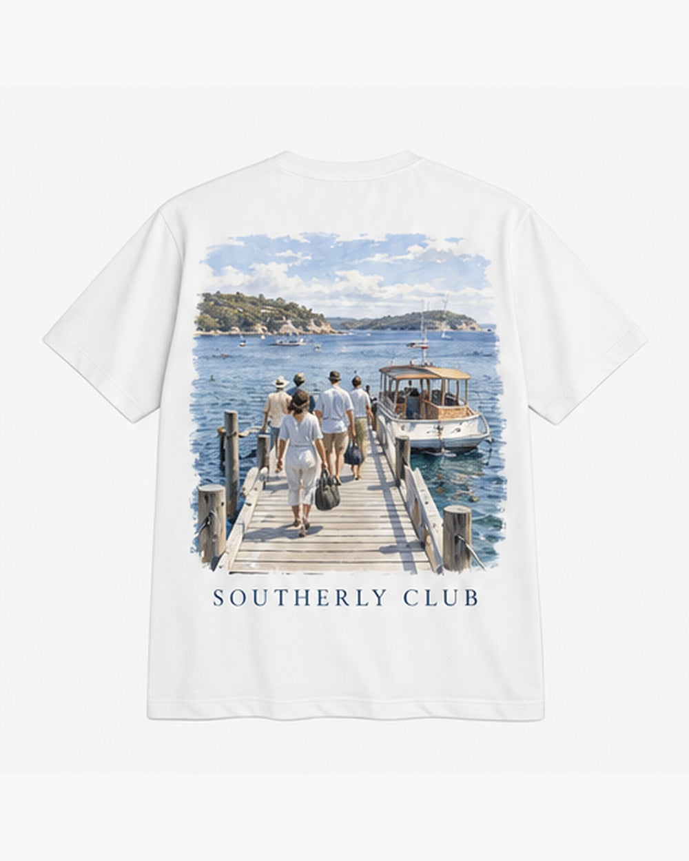 Tender Arrival Tee, white, back view. Generated pre-production design preview.