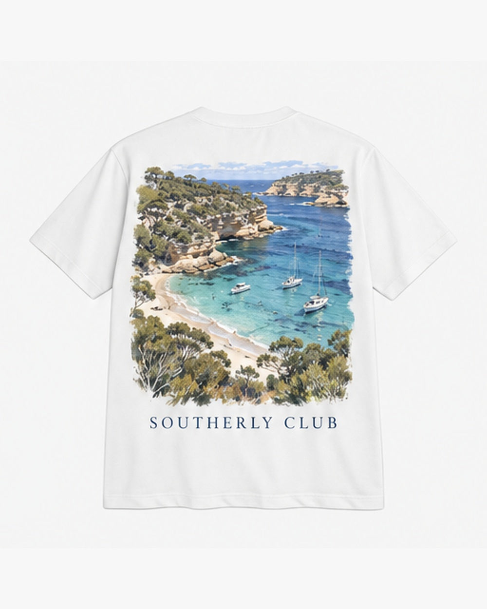 Hidden Inlet Tee, white, back view. Generated pre-production design preview.