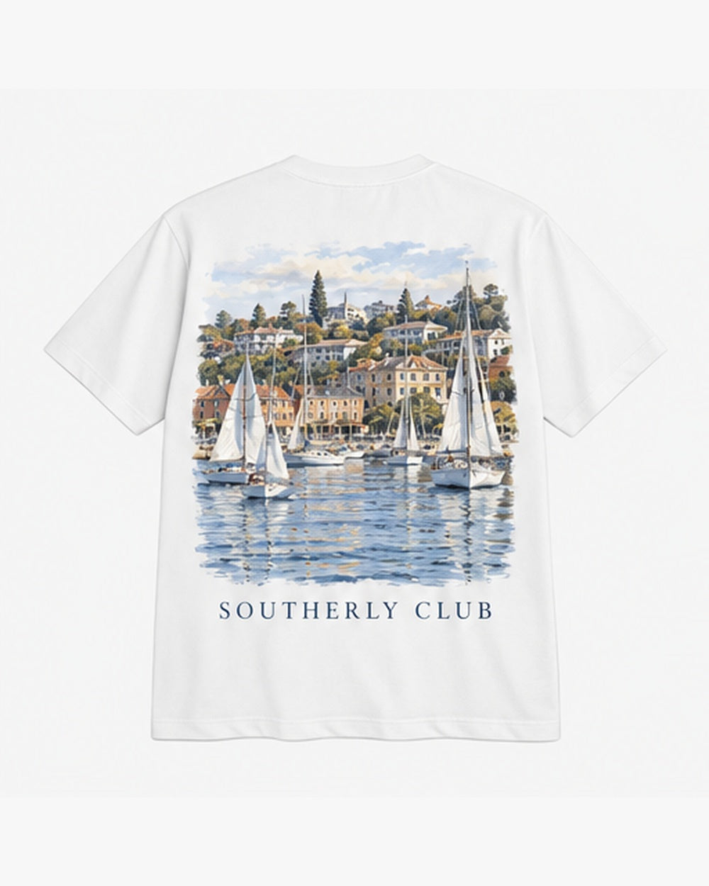 Harbour Fleet Tee, white, back view. Generated pre-production design preview.