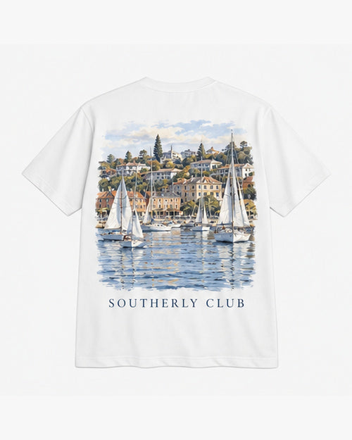 Harbour Fleet Tee, white, back view. Generated pre-production design preview.