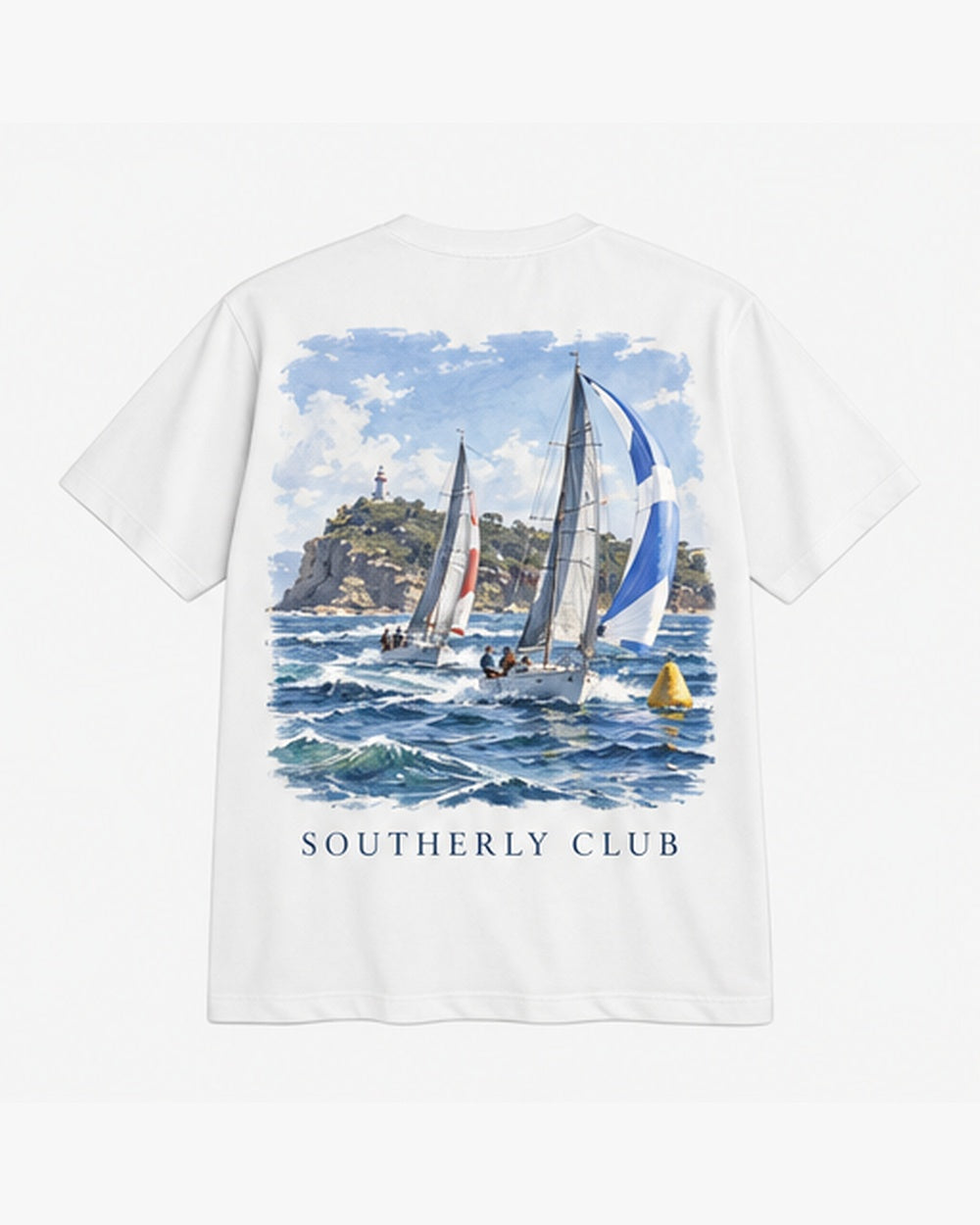 Coastal Regatta Tee, white, back view. Generated pre-production design preview.