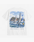Coastal Regatta Tee, white, back view. Generated pre-production design preview.