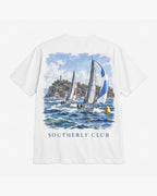 Coastal Regatta Tee, white, back view. Generated pre-production design preview.