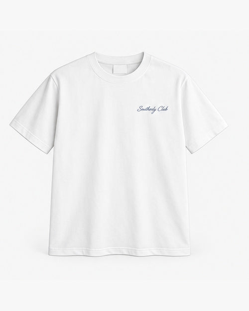 Coastal Regatta Tee, white, front view. Generated pre-production design preview.