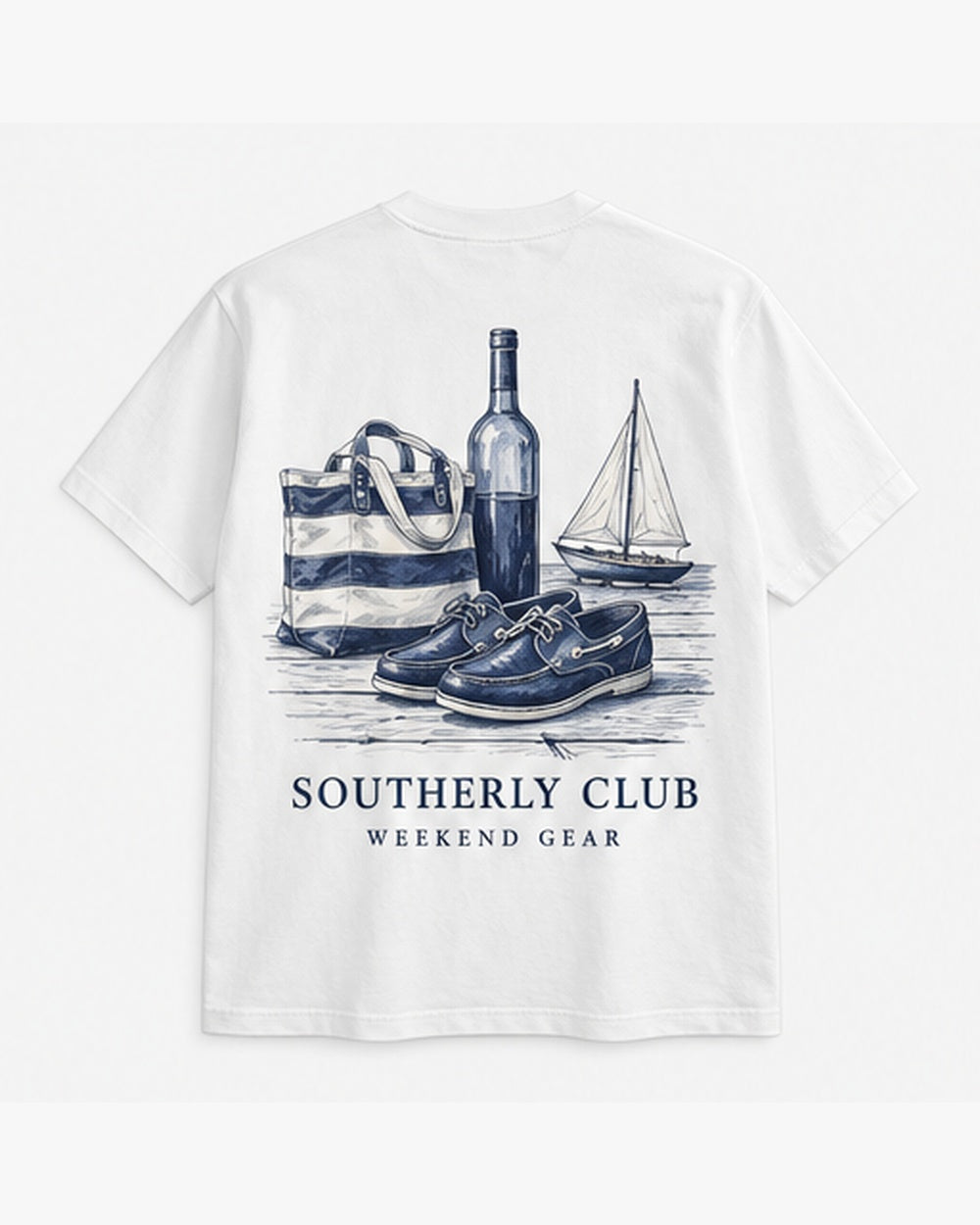 Weekend Gear Tee, white, back view. Generated pre-production design preview.