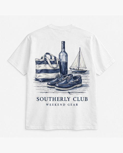 Weekend Gear Tee, white, back view. Generated pre-production design preview.