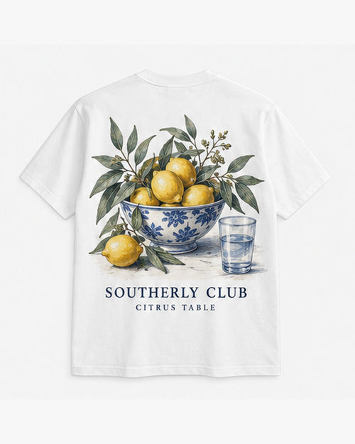 Citrus Table Tee, white, back view. Generated pre-production design preview.
