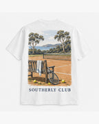 Coastal Court Tee, white, back view. Generated pre-production design preview.