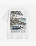 Coast Road Tee, white, back view. Generated pre-production design preview.