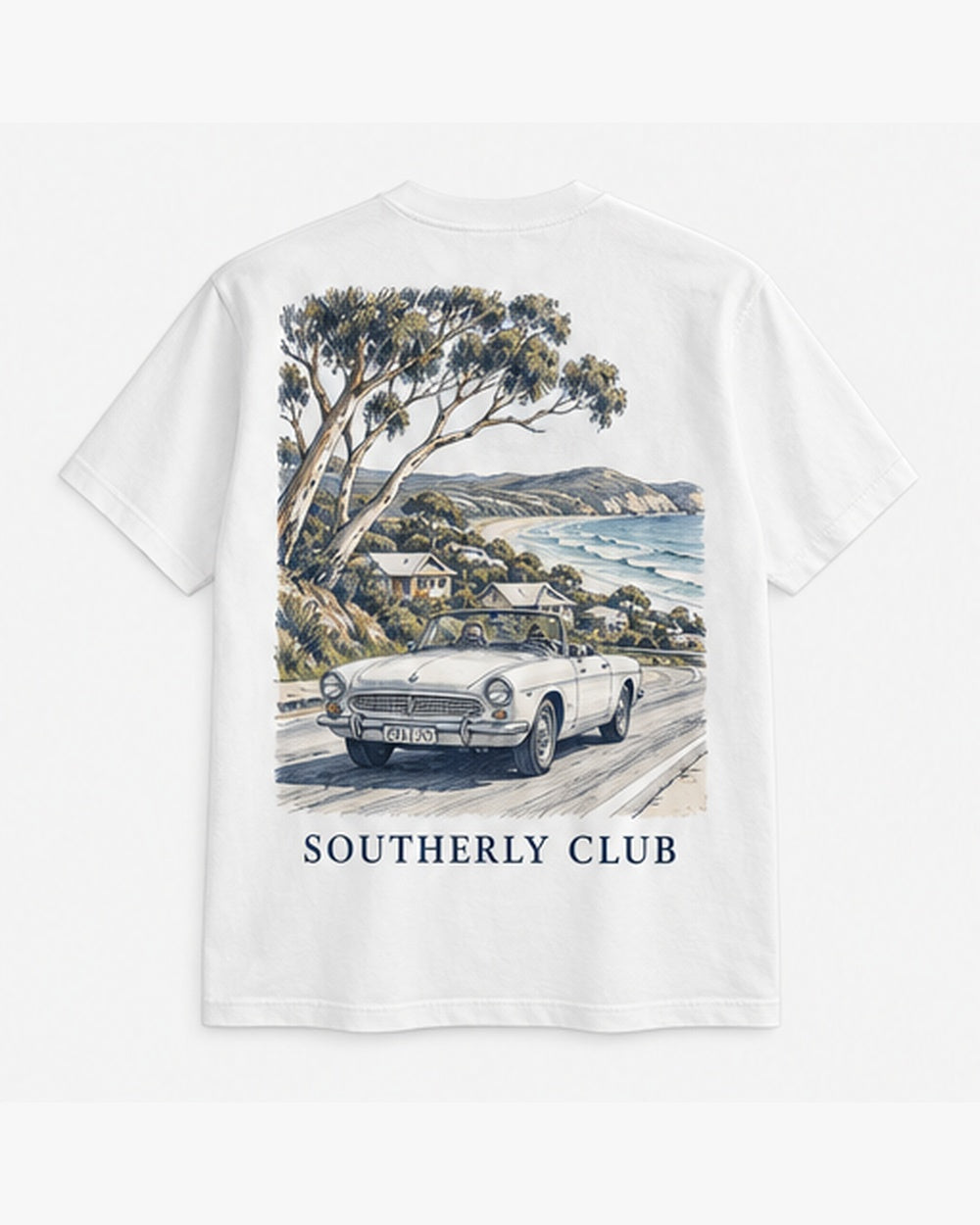 Coast Road Tee, white, back view. Generated pre-production design preview.