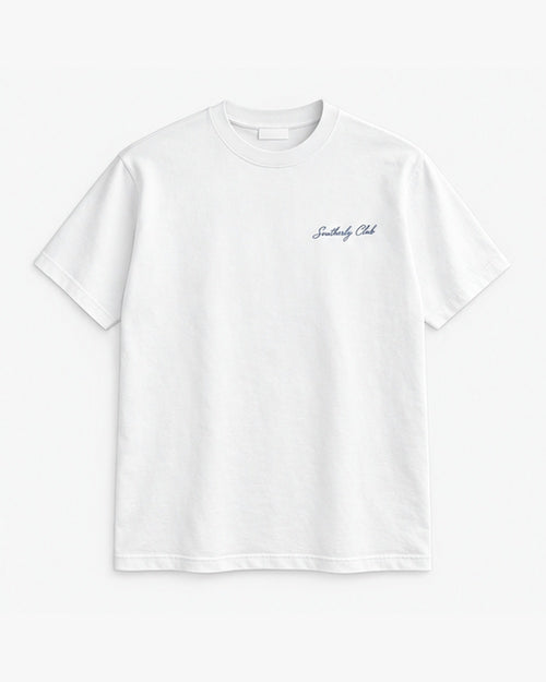 Coast Road Tee, white, front view. Generated pre-production design preview.