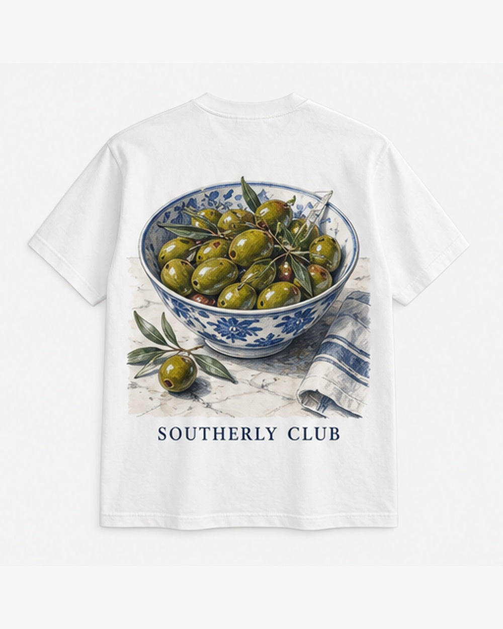 Olive Bowl Tee, white, back view. Generated pre-production design preview.