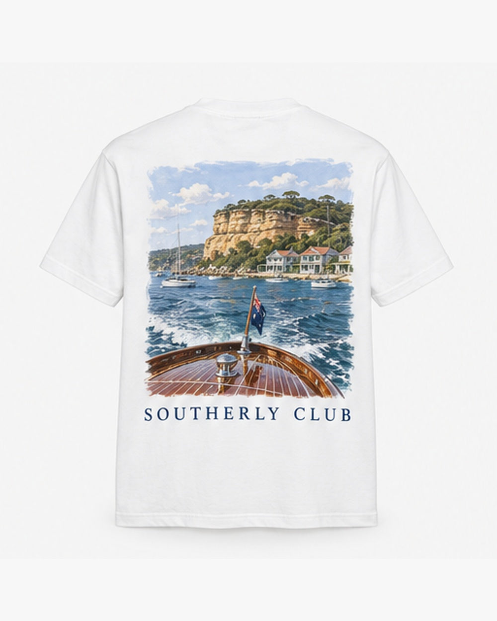 Timber Launch Tee, white, back view. Generated pre-production design preview.