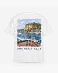 Timber Launch Tee, white, back view. Generated pre-production design preview.