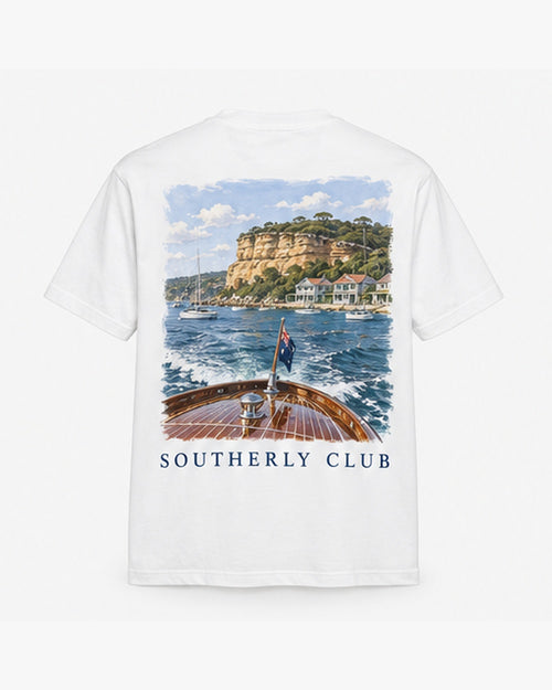 Timber Launch Tee, white, back view. Generated pre-production design preview.
