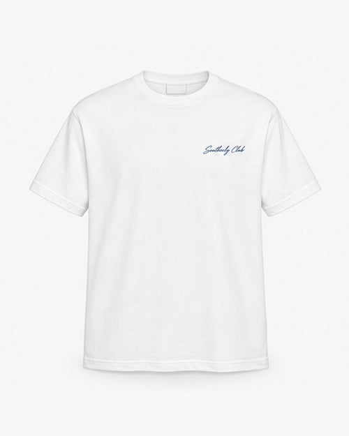 Timber Launch Tee, white, front view. Generated pre-production design preview.
