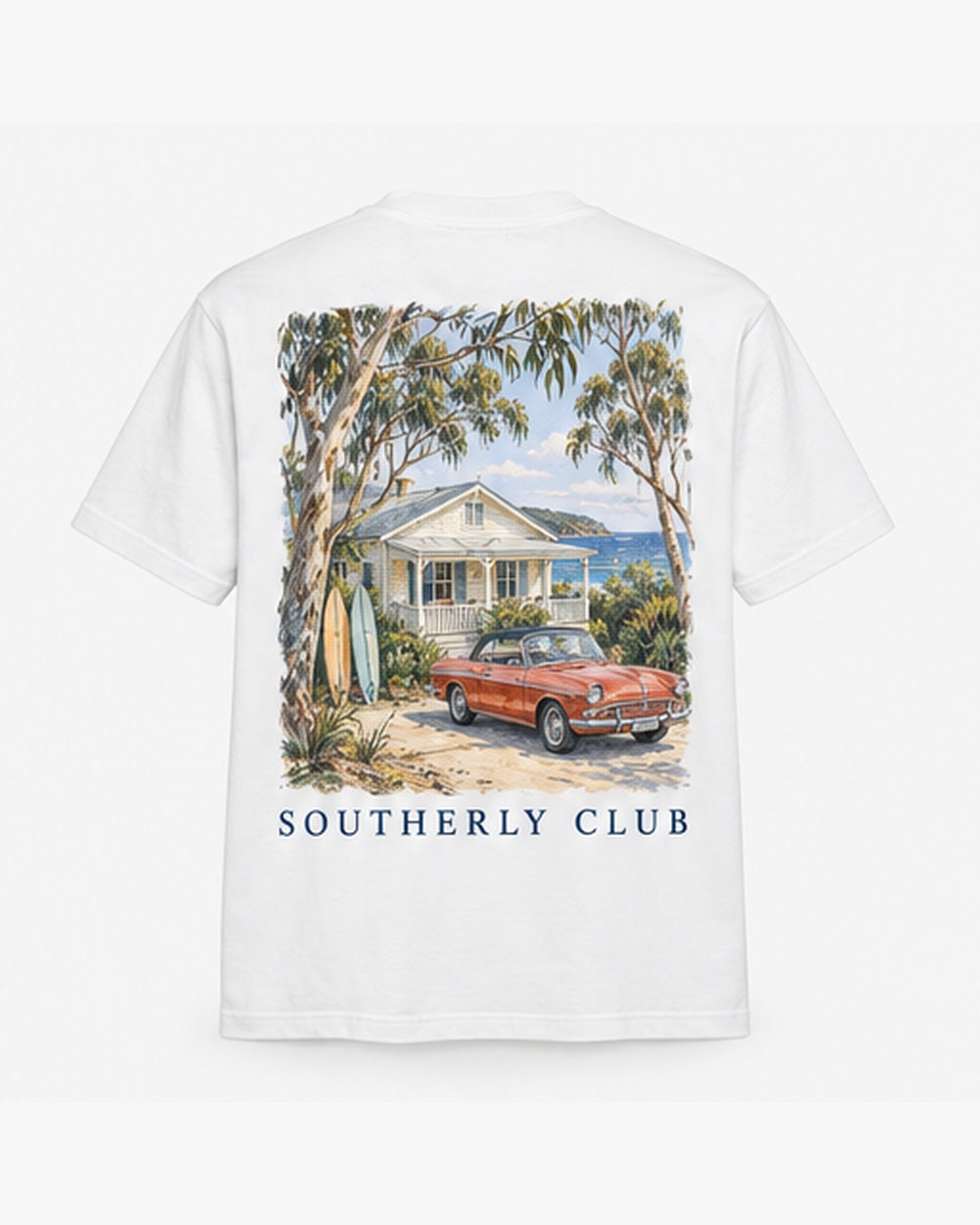 Morning Drive Tee, white, back view. Generated pre-production design preview.