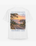 Scenic Route Tee, white, back view. Generated pre-production design preview.