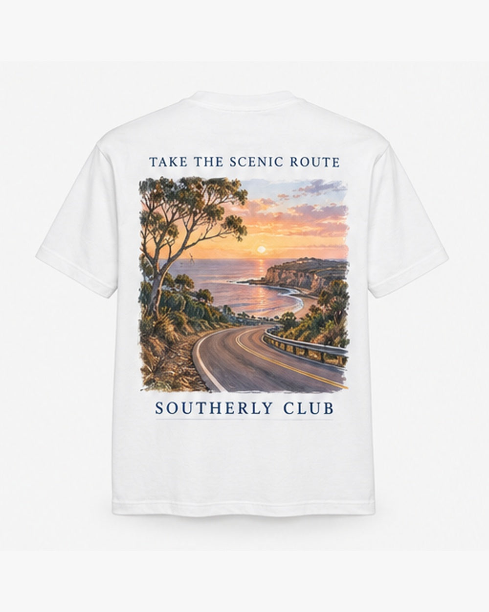 Scenic Route Tee, white, back view. Generated pre-production design preview.