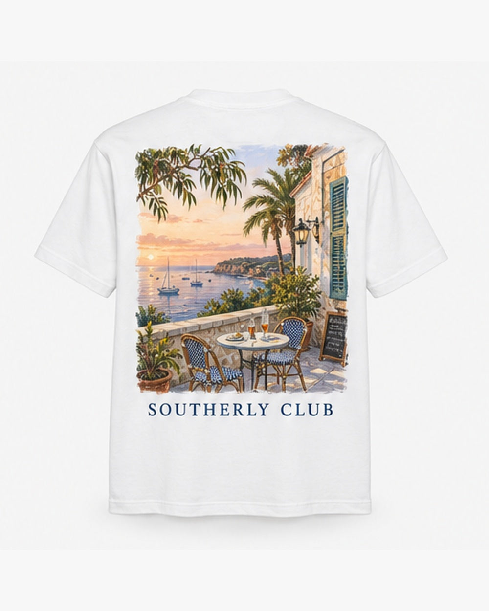 Sunset Terrace Tee, white, back view. Generated pre-production design preview.