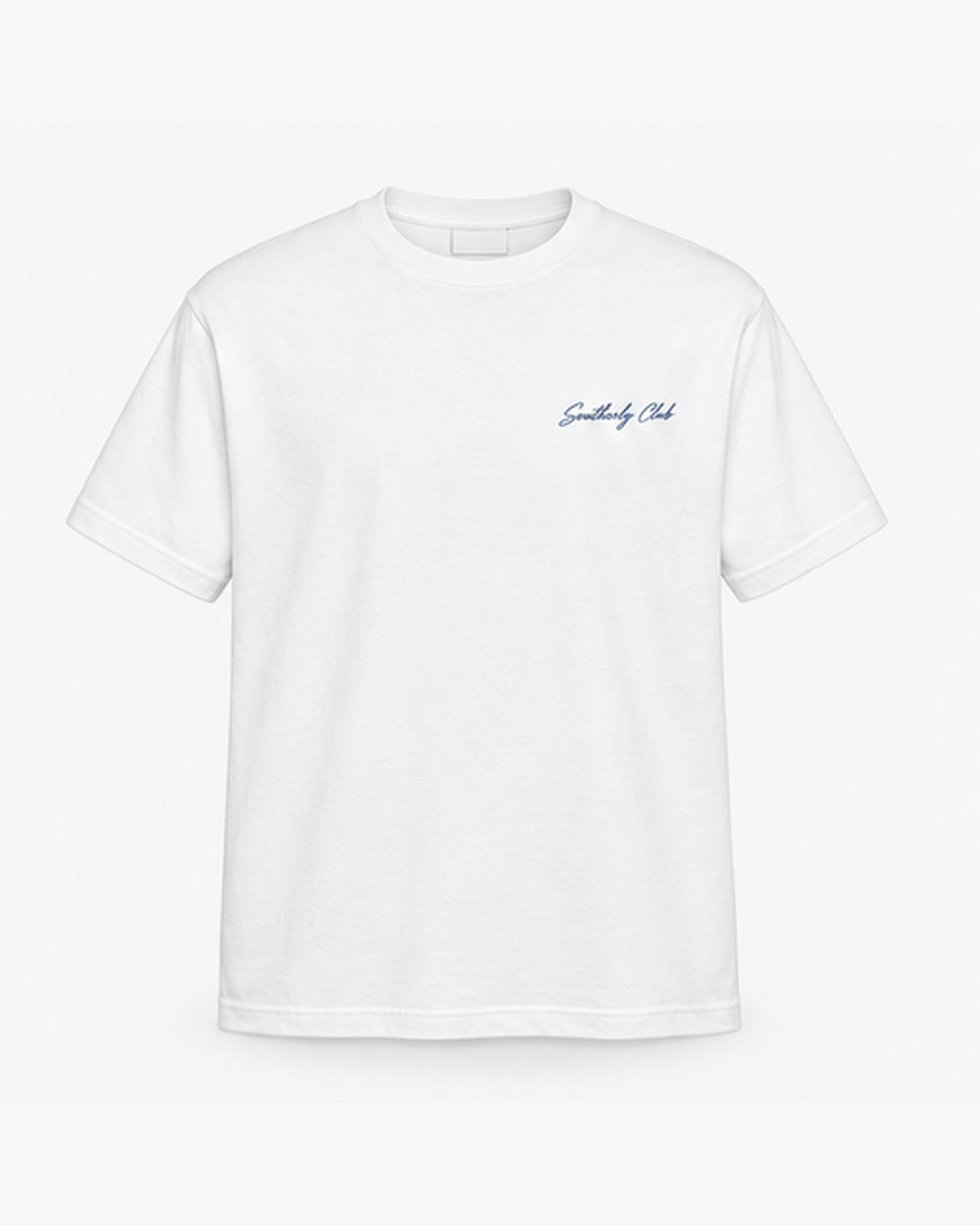 Sunset Terrace Tee, white, front view. Generated pre-production design preview.