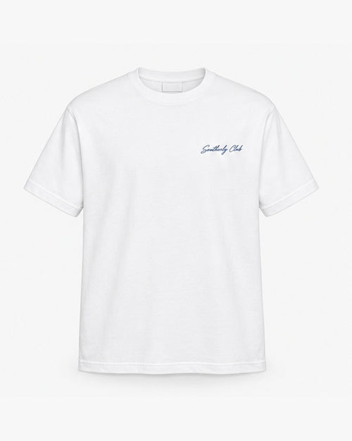 Sunset Terrace Tee, white, front view. Generated pre-production design preview.