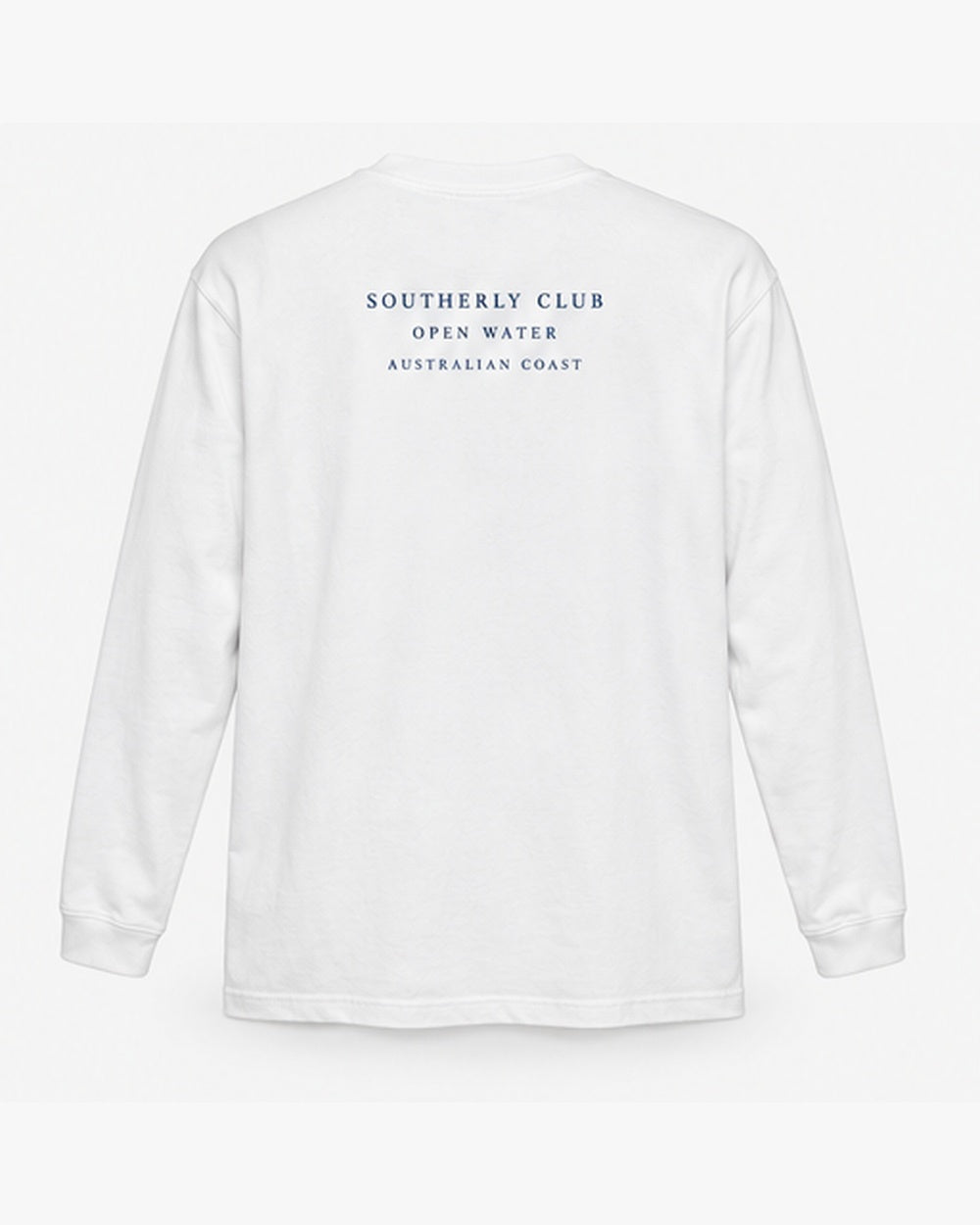 Club Letter Long Sleeve, white, back view. Generated pre-production design preview.