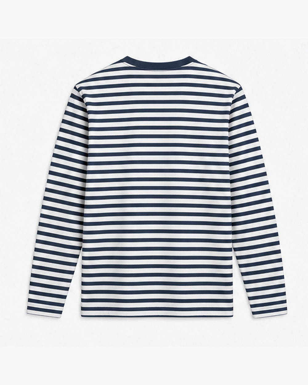 Coast Stripe Long Sleeve, navy and salt, back view. Generated pre-production design preview.