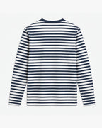 Coast Stripe Long Sleeve, navy and salt, back view. Generated pre-production design preview.