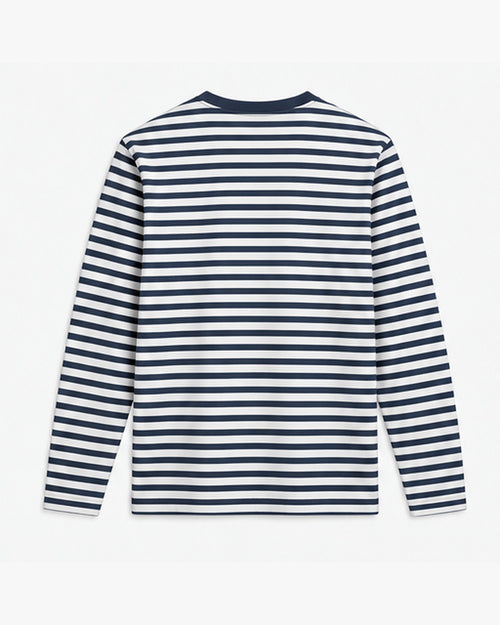 Coast Stripe Long Sleeve, navy and salt, back view. Generated pre-production design preview.
