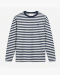 Coast Stripe Long Sleeve, navy and salt, front view. Generated pre-production design preview.