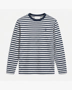 Coast Stripe Long Sleeve, navy and salt, front view. Generated pre-production design preview.