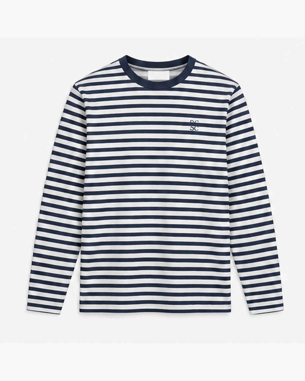 Coast Stripe Long Sleeve, navy and salt, front view. Generated pre-production design preview.