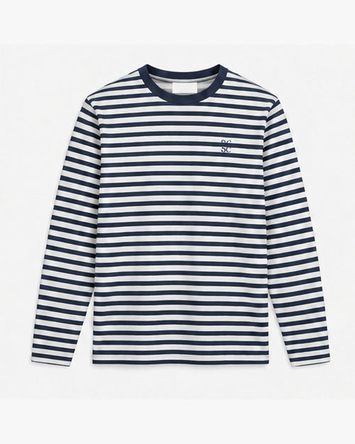 Coast Stripe Long Sleeve, navy and salt, front view. Generated pre-production design preview.