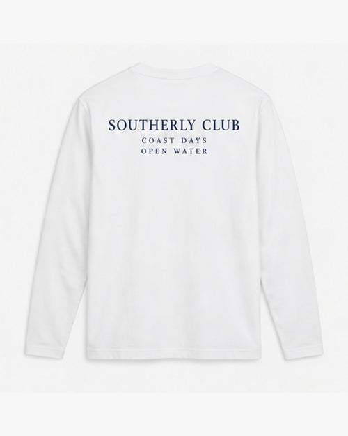 Coastal Wordmark Long Sleeve, white, back view. Generated pre-production design preview.