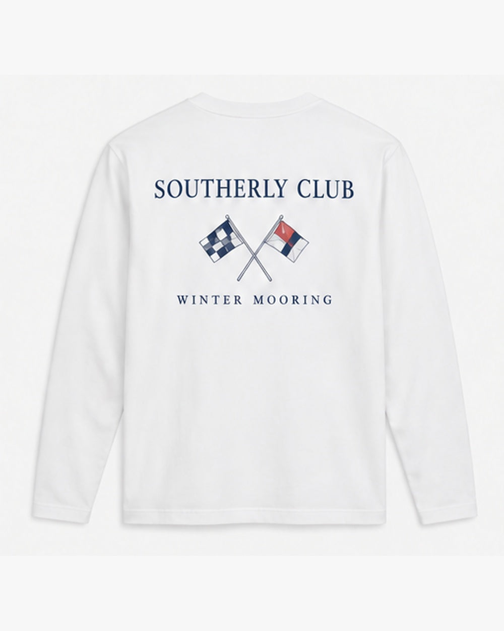 Winter Mooring Long Sleeve, white, back view. Generated pre-production design preview.