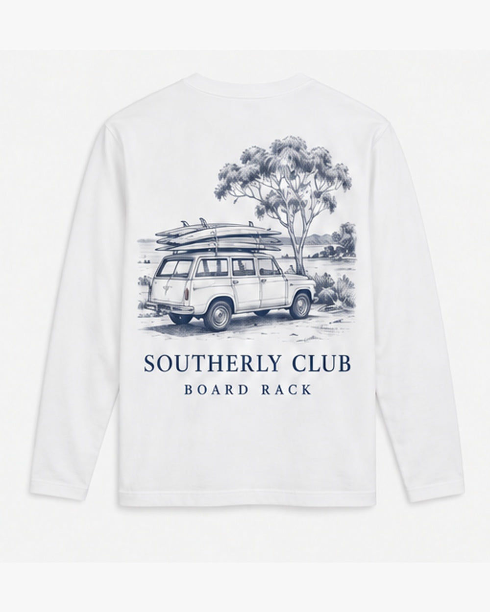 Board Rack Long Sleeve, white, back view. Generated pre-production design preview.