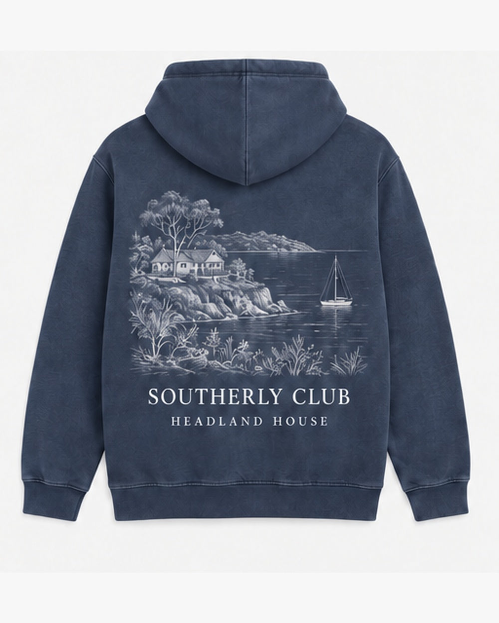 Headland House Hoodie, washed navy, back view. Generated pre-production design preview.