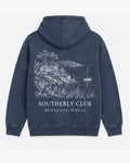 Headland House Hoodie, washed navy, back view. Generated pre-production design preview.