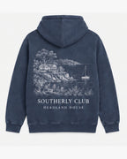 Headland House Hoodie, washed navy, back view. Generated pre-production design preview.