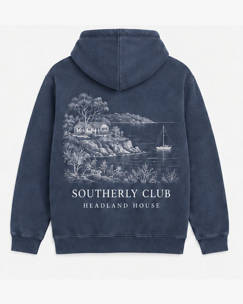 Headland House Hoodie, washed navy, back view. Generated pre-production design preview.