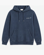 Headland House Hoodie, washed navy, front view. Generated pre-production design preview.