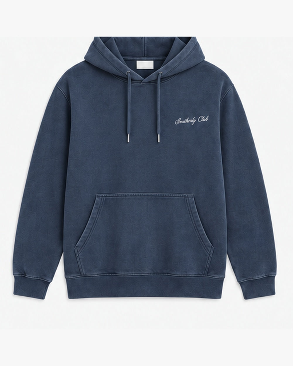 Headland House Hoodie, washed navy, front view. Generated pre-production design preview.