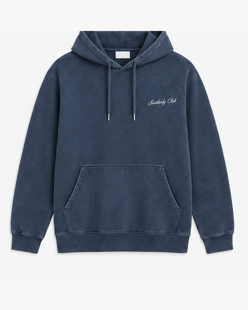 Headland House Hoodie, washed navy, front view. Generated pre-production design preview.