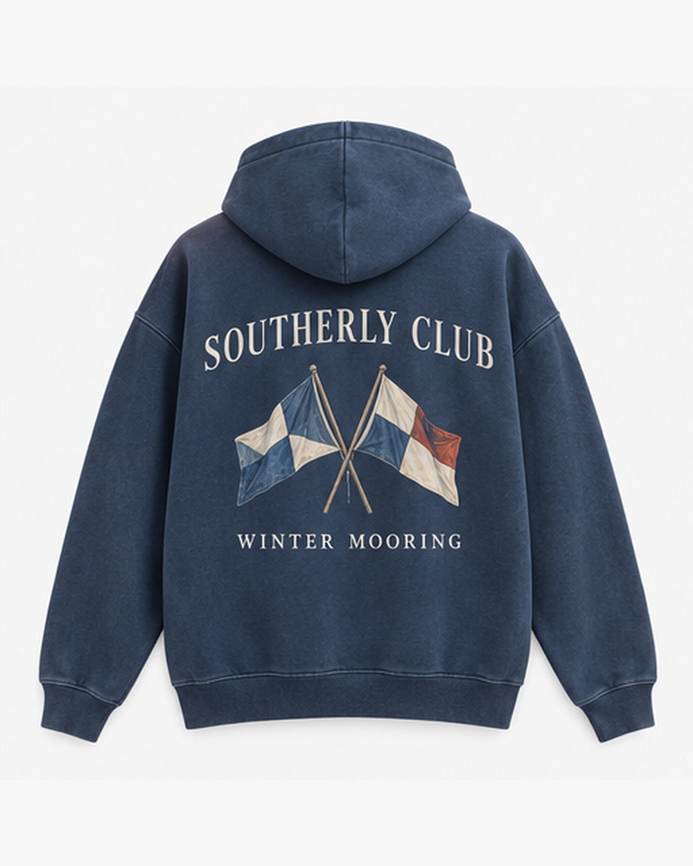 Winter Mooring Hoodie, washed navy, back view. Generated pre-production design preview.