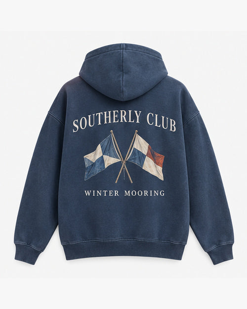 Winter Mooring Hoodie, washed navy, back view. Generated pre-production design preview.