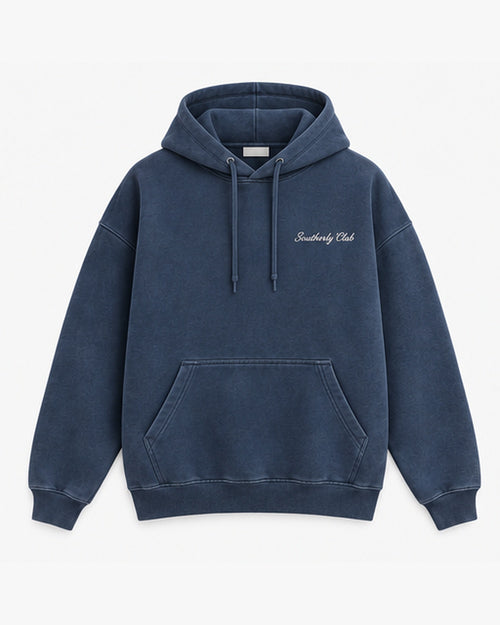 Winter Mooring Hoodie, washed navy, front view. Generated pre-production design preview.